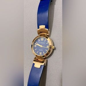Isaac Mizrahi Gold and Blue Watch with Leather Adjustable Buckle Band